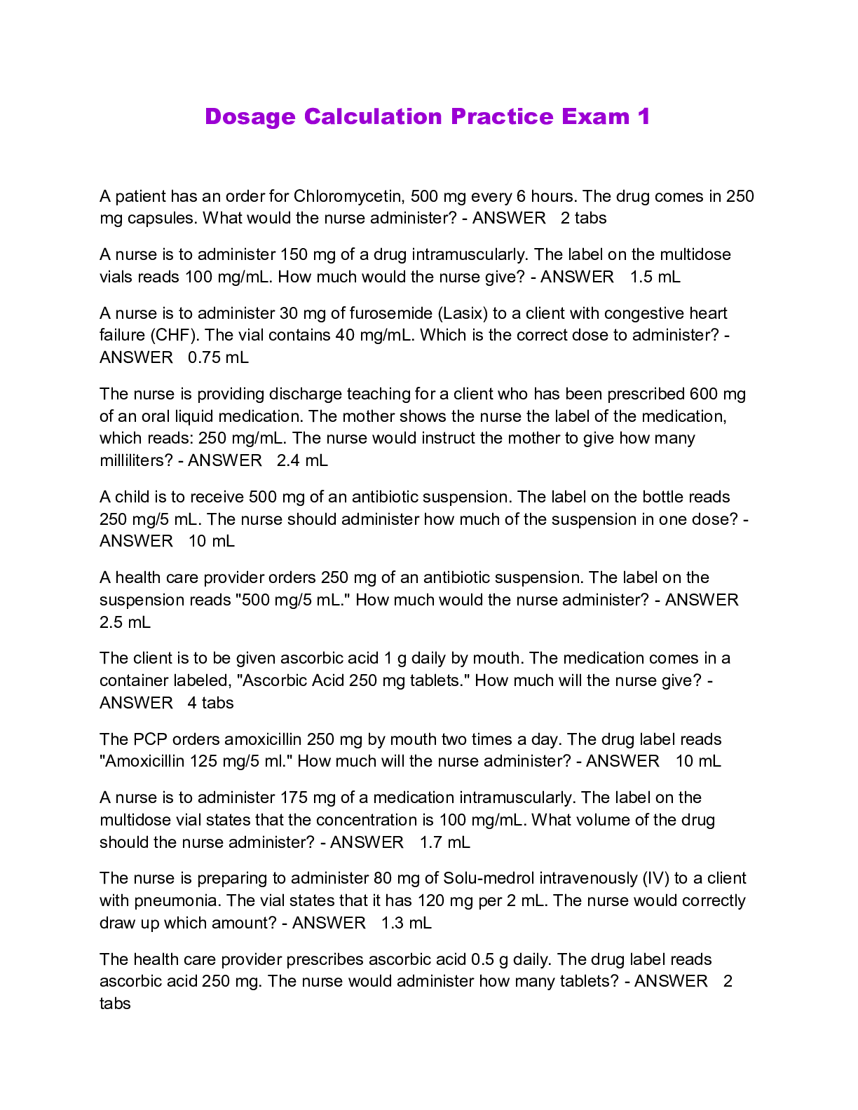 Preview of Dosage Calculation Practice Exam 1